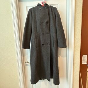 Donnybrook 100% Wool Grey Long Overcoat Double Breasted Sz 16 Pockets Classic